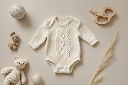 White knitted baby onesie mockup with accessories on beige background for advertising design