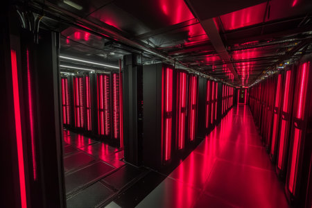 Illuminated data center a glimpse into the heart of cybersecurity and cloud computing innovationの写真素材