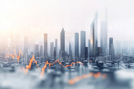 Abstract city skyline with graphs and charts on a white background with gray and orange highlightsの写真素材