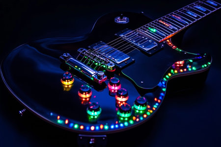 Illuminated black electric guitar against dark background, symbolizing modern music creation tools