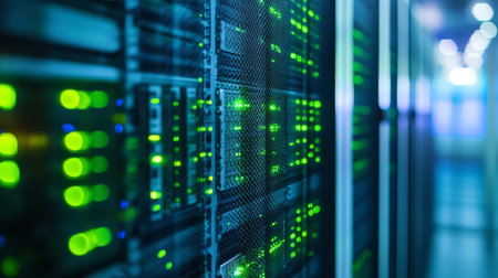 Close up view of a computer mainframe in a server room with soft shadows and bokeh effect