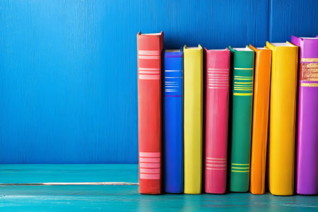 Vibrant books on wooden surface with blue backdrop for educational concepts and school bannersの写真素材