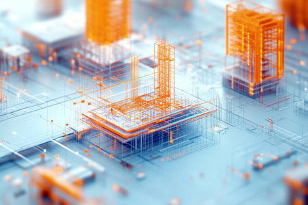 Aerial view of a construction site with building plans and digital hologram on blue paperの写真素材