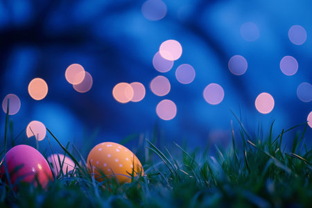 Colorful easter eggs scattered on lush green grass with a beautiful blue bokeh backgroundの写真素材