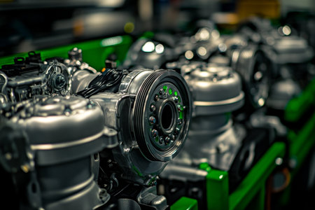 Production line of new compact car engines showcasing silver and green design elementsの写真素材