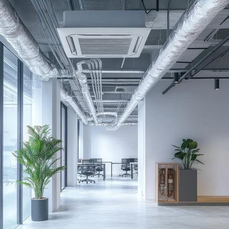 Modern office interior featuring ceiling mounted air conditioner and underground pipe system design