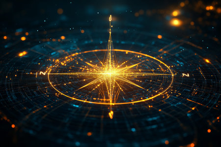 Futuristic glowing compass symbol with digital connections on dark blue background design