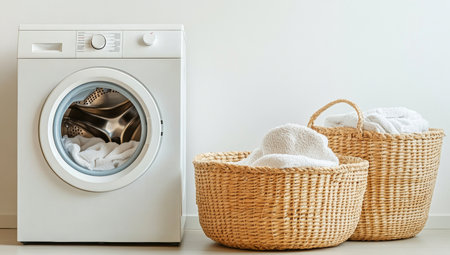 A white washing machine next to a laundry basket surrounded by straw baskets in a clean spaceの写真素材