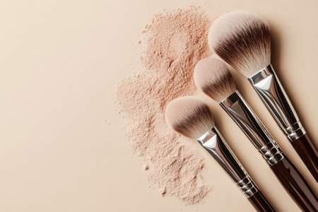Elegant display of four makeup brushes with powder on a beige background for creative text placementの写真素材
