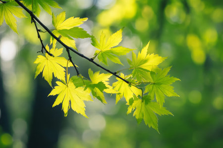 Vibrant green maple leaves on a branch with a softly blurred spring background in photographyの写真素材