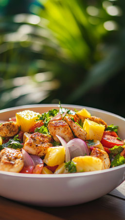 Vibrant chicken salad with pineapple and fresh vegetables in a sunny outdoor settingの写真素材