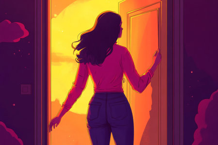 A welcoming woman in comic style illustration against a starry night sky with vibrant colorsの写真素材