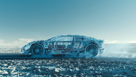 Futuristic car constructed from binary code in motion with space for text or logo in sci fi styleの写真素材