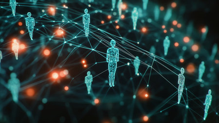 Illuminated people icons linked by lines on dark background representing digital social networksの写真素材