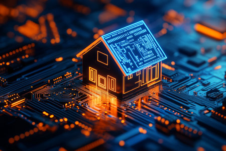 3d rendering of a digital house on circuit board for smart home security and energy managementの写真素材