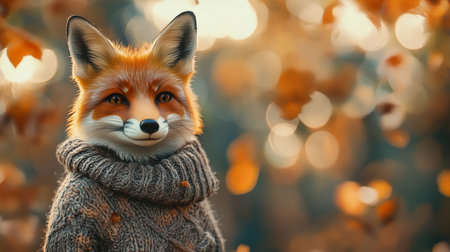 Charming fox in sweater amidst autumn forest with evening lights and soft bokeh effectの写真素材