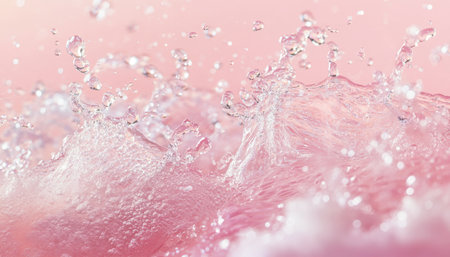 Abstract water splash with bubbles on pink background realistic close up of clean water surfaceの写真素材