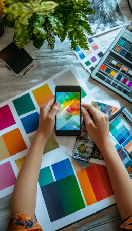 Designer selecting color swatches on mobile for graphic project with tablet and palette at deskの写真素材