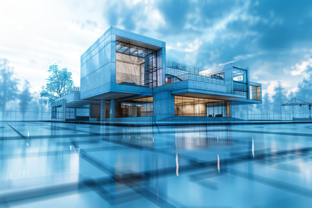 Modern house blueprint collage with architectural drawings in a blue color paletteの写真素材