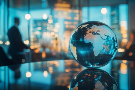 Close up of a glass globe with world map on office table amidst business professionals at workの写真素材
