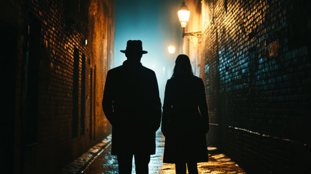 Silhouetted detective couple in an alleyway night scene with street lamps and brick wallsの写真素材