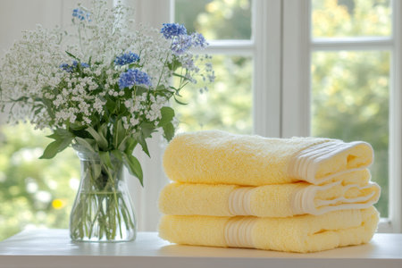 Bright and serene a stack of light yellow towels with pastel decor and room for textの写真素材