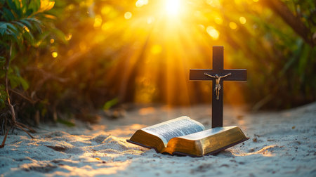 Jesus christ s cross and open bible on white sand at sunset with sunlight through treesの写真素材
