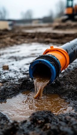 Close up of black water pipe with blue clay cover pouring muddy liquid on construction siteの写真素材