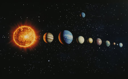 A stunning visual of the solar system featuring the sun and planets against a dark backdropの写真素材