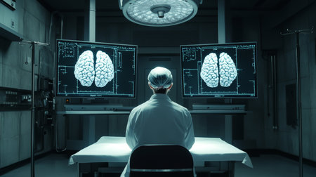 Doctor in white coat analyzes brain images in modern operating room with high tech monitorsの写真素材