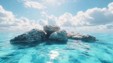 Stunning 3d render of island rocks surrounded by clear blue water under a bright sky