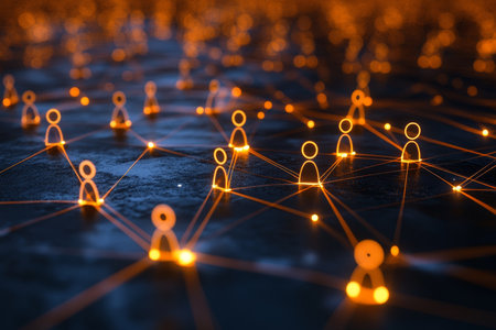 3d rendering of glowing orange people icons connected by lines, symbolizing social media connectionsの写真素材