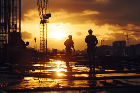 Silhouettes of construction workers at sunset on a skyscraper roof with cranes and concrete elementsの写真素材