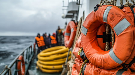 Rescue boat preparedness life jackets and rings ready for crew assistance at sea on cloudy dayの写真素材