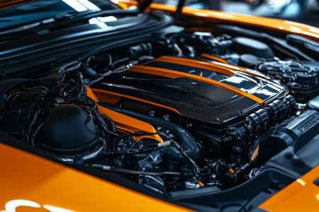 Close up of a luxury sports car engine with striking black and orange accents under open bonnet
