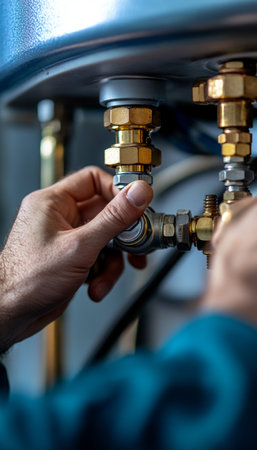Close up of a technician installing a modern heating boiler, adjusting valves with toolsの写真素材