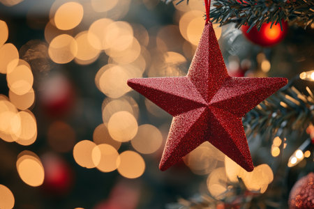 Close up of a red star christmas ornament with bokeh background and copy space for holiday cheerの写真素材