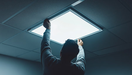 Office worker installing led panel light in ceiling professional installation photographyの写真素材