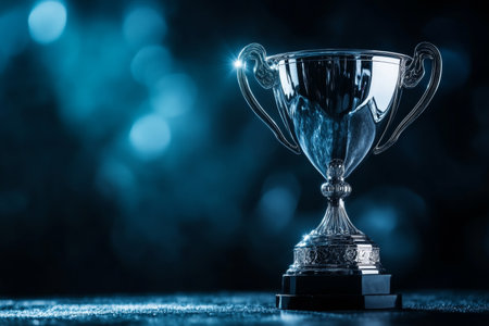 Shining silver trophy cup on dark background with copy space for victory and award concept bannerの写真素材