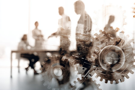Double exposure of digital gears with business professionals in a modern office settingの写真素材