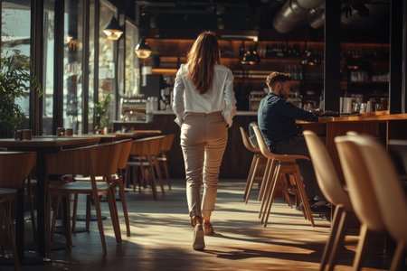 A stylish woman approaches an elegant man at a chic cafe in a modern minimalist settingの写真素材