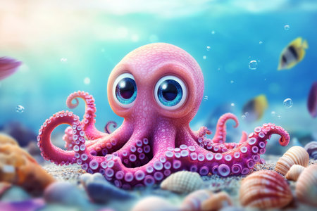 Charming pink octopus with big eyes swimming amidst colorful fish and shells in a cartoon styleの写真素材