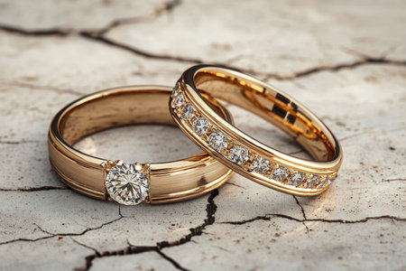 Elegant golden wedding rings with a diamond on cracked concrete background in soft gold tones