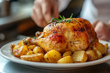 Professional chef plating roasted chicken with potatoes in restaurant dining room close up shotの写真素材