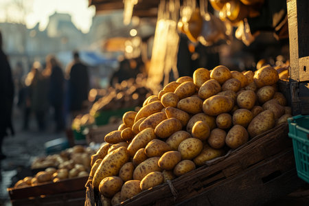 Plump royale potatoes on market table with golden hour light and bokeh effect photographyの写真素材