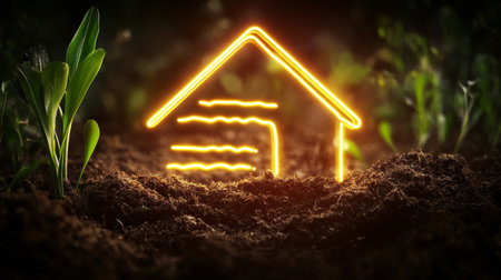 Green technology concept for sustainable home design with energy analysis symbol on soil backgroundの写真素材