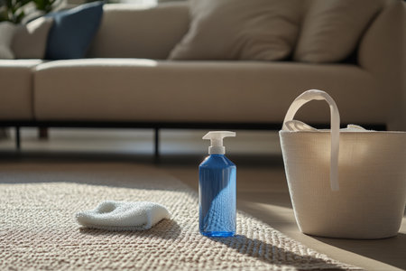 Bright modern living room with cleaning supplies and stylish beige sofa bathed in natural lightの写真素材