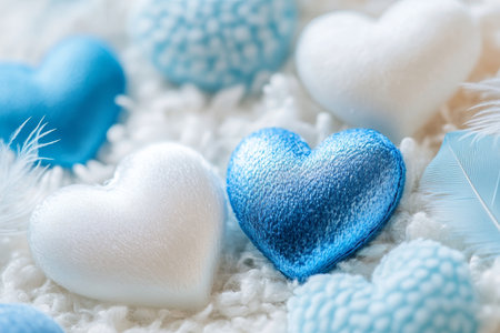 Close up of blue and white hearts with feathers for a romantic valentine's day backgroundの写真素材