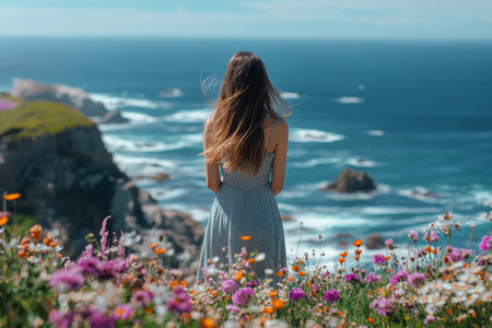 Girl in gray dress on ocean cliff surrounded by wildflowers with a beautiful sunny sky viewの写真素材