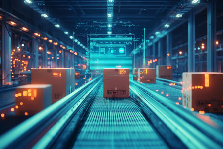 Dynamic warehouse scene featuring moving boxes, digital overlays, and striking lighting effectsの写真素材